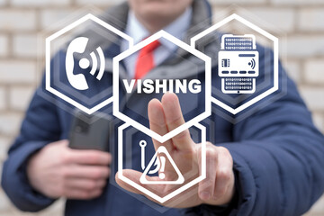 Concept of vishing. Voice phishing electronic fraud. Vishing call warning and alert. Smart phone cybersecurity.