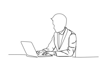Continuous line drawing of a businessman working with computer laptop. One line business and technology hand drawn vector