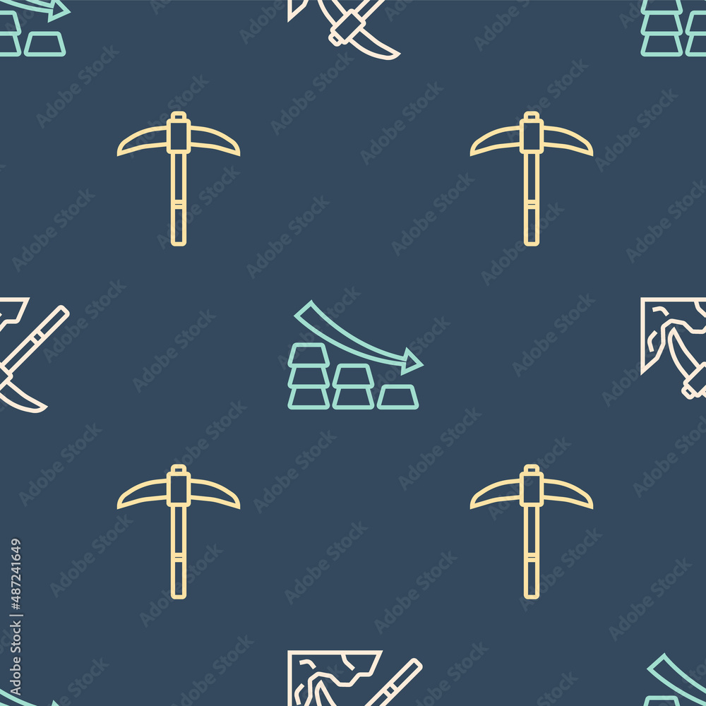Poster set line gold mining, pickaxe and falling arrow with gold bars on seamless pattern. vector
