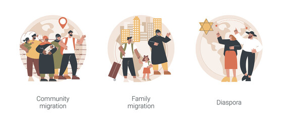 Relocation abstract concept vector illustration set. Community migration, family movement abroad, jewish diaspora, refugee group, travel with kids, immigration program abstract metaphor.