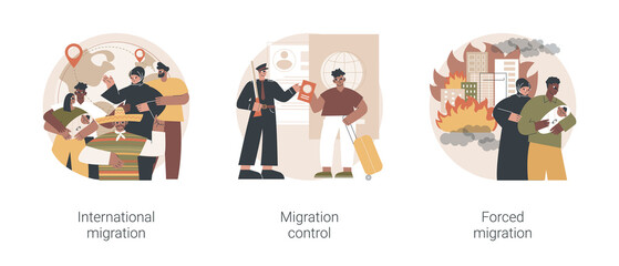 Leaving a country abstract concept vector illustration set. International migrants, border migration control, forced displacement, refugee group, check documents, application form abstract metaphor.