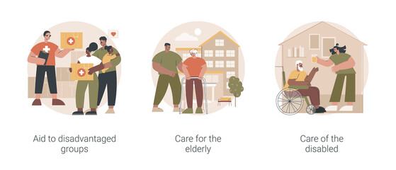 Help vulnerable people abstract concept vector illustration set. Aid to disadvantaged groups, care for elderly and disabled, volunteer help, retired people, nursing home, shelter abstract metaphor.
