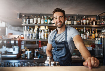 Drinks on me. Portrait of a confident young man working behind a bar counter.