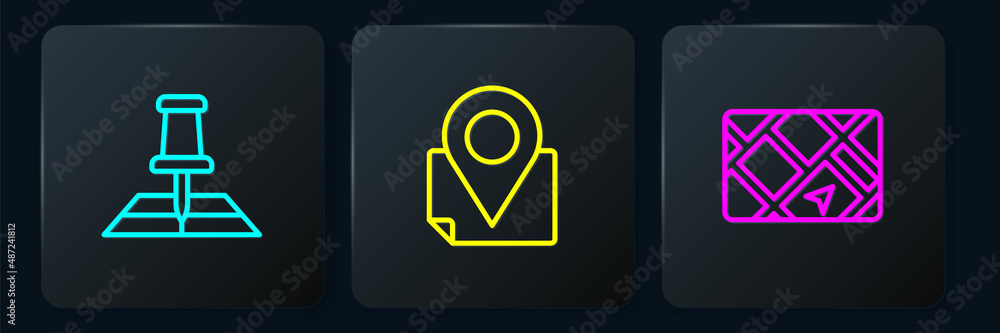 Poster Set line Folded map with location marker, Gps device and . Black square button. Vector