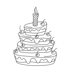 Vector illustration of a three-tiered birthday cake with berries and candle in doodle style.