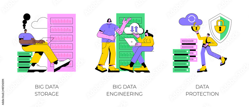 Poster database security abstract concept vector illustration set. big data storage, big data engineering, 