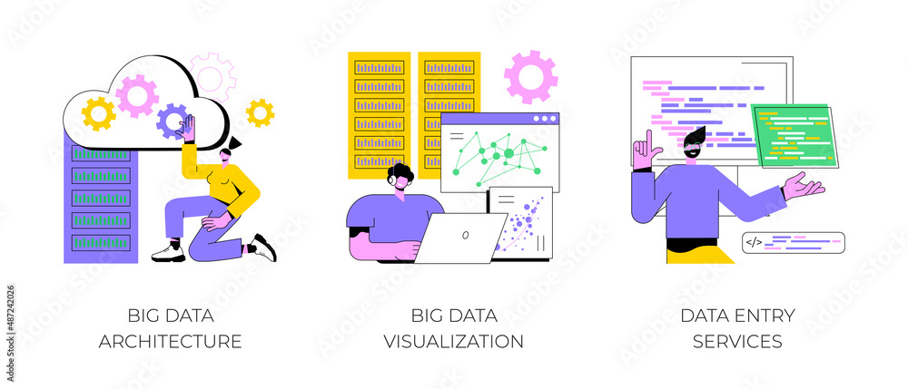 Poster information storage infrastructure abstract concept vector illustration set. big data architecture, 