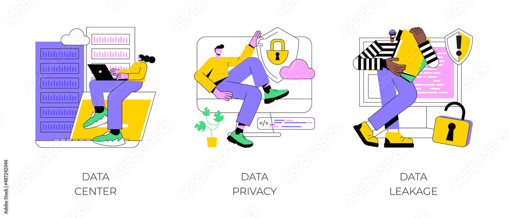 Poster internet privacy abstract concept vector illustration set. data center, data privacy and leakage, co