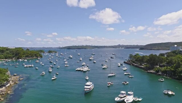 Stunning 4k aerial drone flight over Spring Cove near Collins Beach, Manly, with lots of boats and yachts on 26th January 2022, Australia Day holiday. Sydney, Australia, CBD skyline in the background.