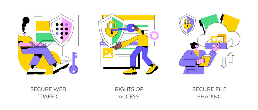 Data Transfer Abstract Concept Vector Illustration Set. Secure Web Traffic, Rights Of Access, Secure File Sharing, Virtual Private Network, VPN, Traffic Analysis, Document Sharing Abstract Metaphor.