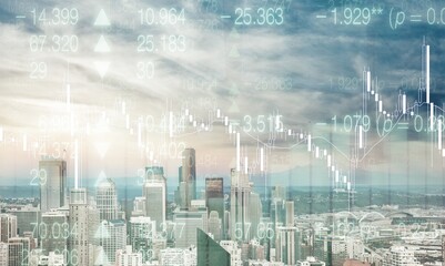 Abstract virtual financial graph hologram on blurry city background, financial and trading concept.