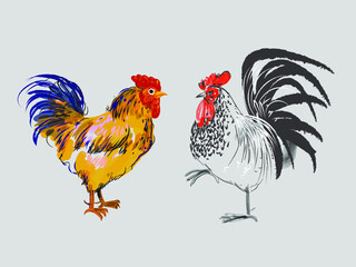 Hand drawn two rooster icon character vector illustration. Isolated on white background

