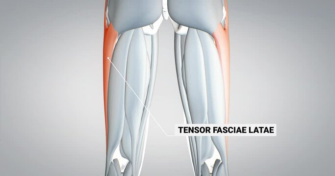 leg muscles, tensor fasciae latae, detailed display of muscles, human muscular system, 3D animation of human anatomy, 3D render