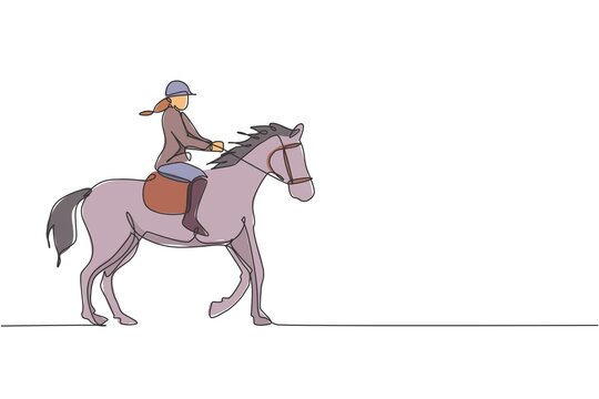 Single continuous line drawing of young professional horseback rider walking with a horse around the stables. Equestrian sport training process concept. Trendy one line draw design vector illustration