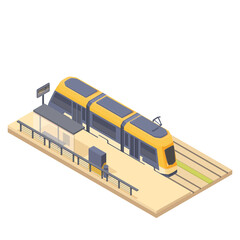 isometric tram stop with waiting tram, vector illustration