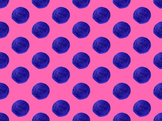 Polka dot seamless pattern. Pop art style. Blue hand painted stains on bright pink background