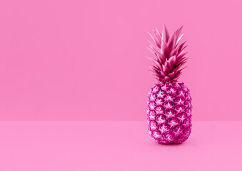 Pineapple. Photo with copy space in minimal style. Tropical fruit standing on pink background. Monochrome colored composition