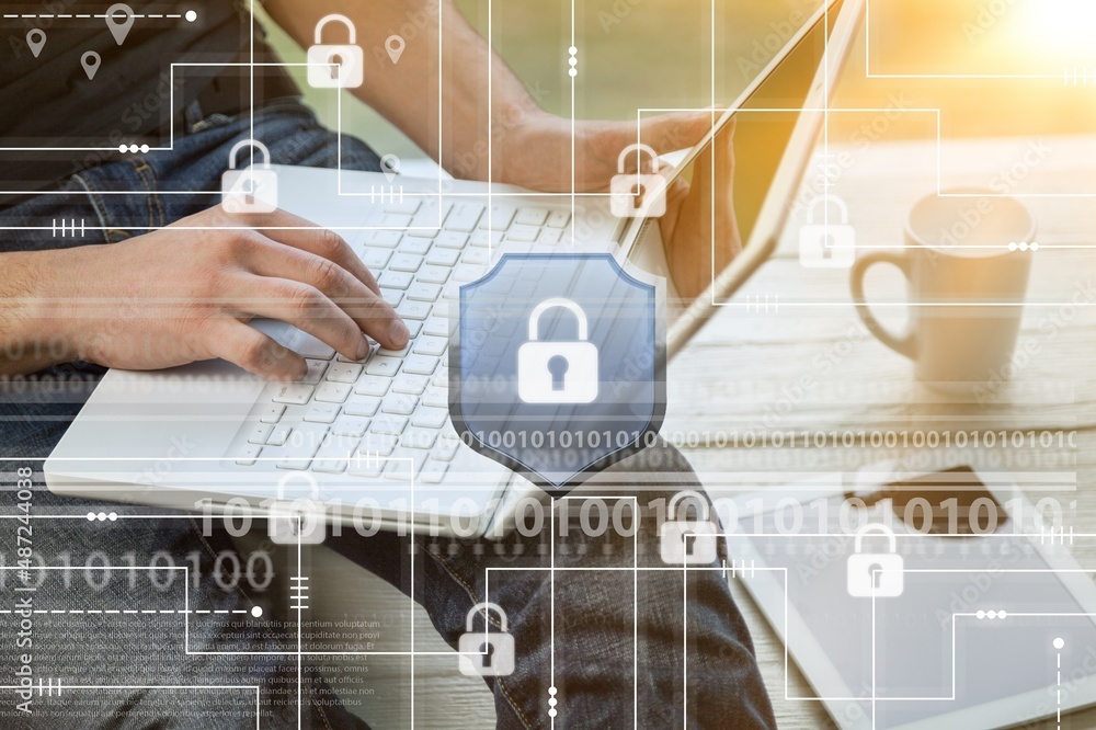 Poster concept of cyber security, information and encryption, secure access to user's personal information,
