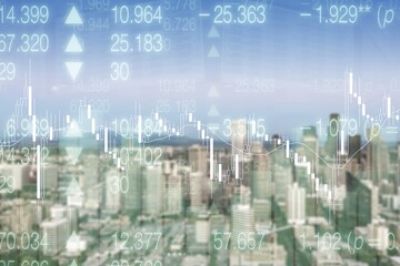Abstract virtual financial graph hologram on blurry city background, financial and trading concept.