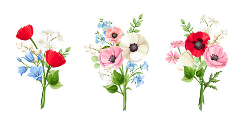 Set of bouquets of red, pink, blue, and white poppy, forget-me-not, bluebell, and lily of the valley flowers isolated on a white background. Vector illustration - obrazy, fototapety, plakaty