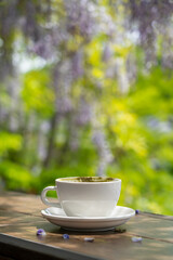 Hot cafe latte in a white ceramic cup tea set with purple wisteria flowers hanging at the garden in South Korea