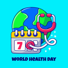 World health day illustration, with hand drawn doodle of Earth, Stethoscope and calendar 