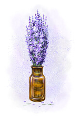 Lavender in a watercolor vase. Purple bouquet of flowers in a glass brown glass bottle on a delicate blurred background. Fragrance, blooming perfumes. Watercolor illustration