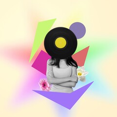 Contemporary art collage of woman with vinyl record head