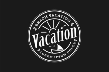 Fototapeta na wymiar Ocean Sea Wave Birds Sun for Summer Surf Beach Vacation Holiday Line Art Vintage Hipster Label Stamp Logo design 