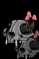 Dog skull with mushrooms vector illustration