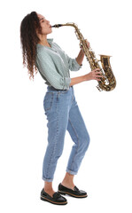 Beautiful African American woman playing saxophone on white background