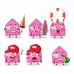 Happy Face pink love envelope cartoon character playing on a beach