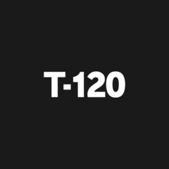 T-120 sign. T-120 text, title, sticker. Design element for video cassettes. The 1980s aesthetics. Duration of possible recording of a video cassette. Retrowave black and white vector