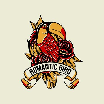 Bird and flowers badge logo traditional vector illustration perfect for t-shirt design, wall and etc