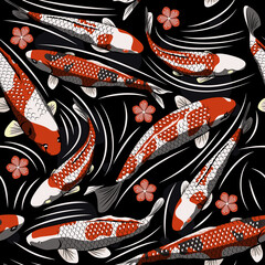 Doodle koi carps seamless pattern vector. Japanese art.