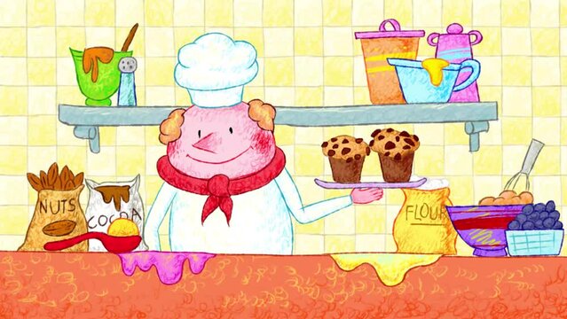Muffin Man Making Delicious Cakes Cartoon Animation. Cute oil pastel crayon doodle hand-drawn animation.