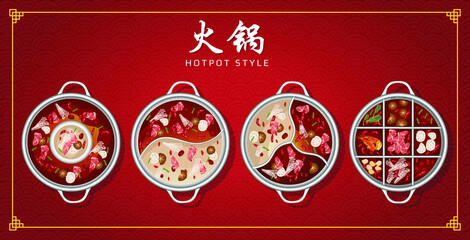 Asian hotpot style in top view angle,Translation: "HOTPOT".
