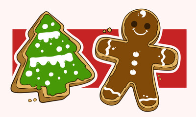 vectores de galletas de navidad, galletas de navidad, pan de jengibre modelos de árbol de navidad y bolas de navidad