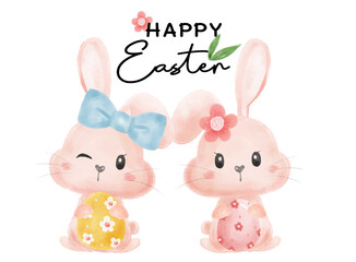 cute two couple bunny rabbit girl and boy smile hug Easter eggs nursery baby cartoon watercolour vector, Happy Easter