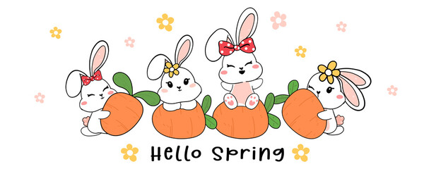 group of Cute Happy white baby bunny rabbit with carrot, Hello Spring, cartoon drawing outline banner