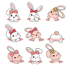 group of cute playful white baby bunny rabbit in hole collection, playful animal cartoon hand drawing outline vector, sweet baby girl bunny