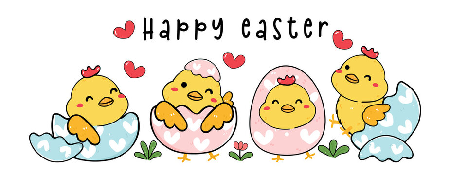 group of Cute Happy baby Chick chicken in Easter egg shell cartoon drawing outline banner