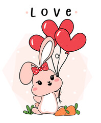 cute baby bunny rabbit pink with heart shape balloons , cartoon drawing outline, love