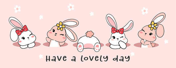 group of cute baby bunny rabbit in hole, have a lovely day, cartoon drawing outline banner
