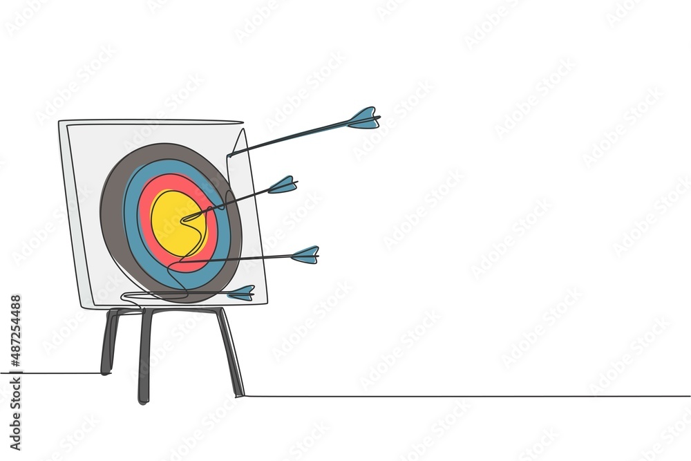 Poster one continuous line drawing of arrows was shoot to an archery target board. archery sport training a