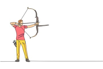 One single line drawing of young archer man focus exercising archery to hit the target vector graphic illustration. Healthy refresh shooting with bow sport concept. Modern continuous line draw design - obrazy, fototapety, plakaty
