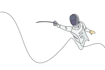 One single line drawing of young woman fencer athlete in fencing costume exercising motion on sport arena vector illustration. Combative and fighting sport concept. Modern continuous line draw design