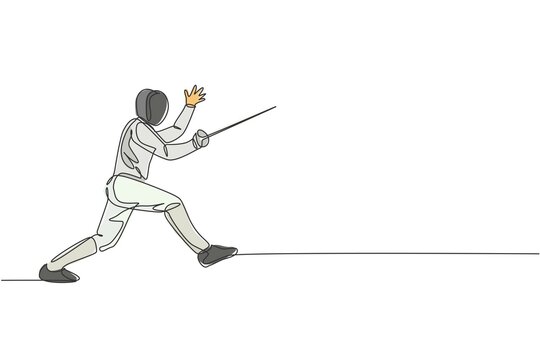 One continuous line drawing of young man fencing athlete practice fighting on professional sport arena. Fencing costume and holding sword concept. Dynamic single line draw design vector illustration