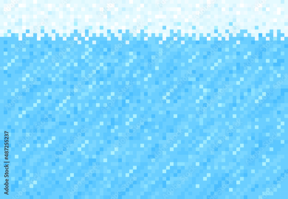 Poster snow, ice and water pixel blocks background pattern. retro console game level cubic pixel texture. c