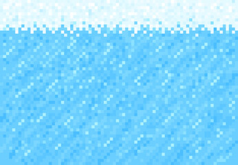 Snow, ice and water pixel blocks background pattern. Retro console game level cubic pixel texture. Computer eight bit 80s arcade environment pixelated vector backdrop with blue liquid or snow